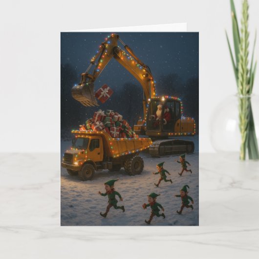 Carte de Noël Père Noël, lutins, pelleteuse, (Devant)