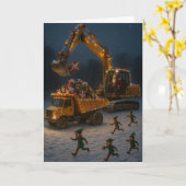 Carte de Noël Père Noël, lutins, pelleteuse, (Fleur jaune)