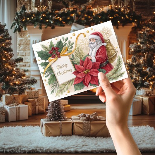 Carte de Noël père Noël & Poinsetta