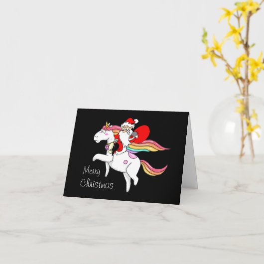 Carte de Noël Père Noël Riding Unicorn (Fleur jaune)