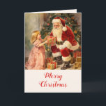 Carte de Noël Père Noël vintage et enfant<br><div class="desc">Père Noël est arrivée le soir de Noël avec de merveilleux cadeaux pour cette petite fille ravie sur cette photo vintage. Il dépeint un joli décor en aquarelles avec Père Noël souriant dans son costume rouge classique et l'enfant adorable dans une robe rose festive. Un arbre de Noël traditionnel et...</div>