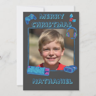 Carte de Noël personnalisée néon gamer photo plate