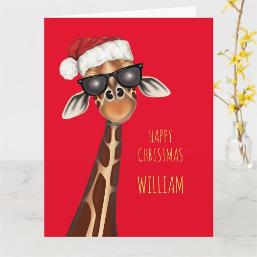 Carte de Noël personnalisée SUPER COOL GIRAFFE (Fleur jaune)