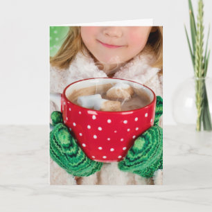 Carte de Noël petite fille tasse de cacao chaud