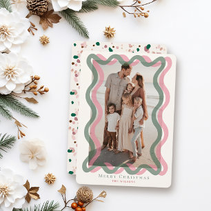 Carte de Noël photo à cadre ondulé rose et vert