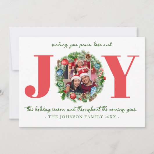 Carte de Noël photo avec aquarelle de verdure JOY (Devant)