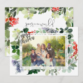 Carte de Noël photo avec cadre de verdure et baies (Devant / Derrière)