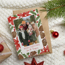 Carte de Noël photo avec Poinsettia et Pin aquarel