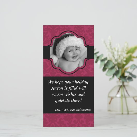 Carte de Noël PHOTO avec ruban damassé rose en cad (Debout devant)