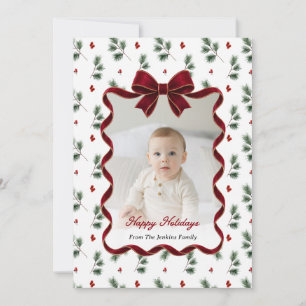 Carte de Noël photo avec ruban rouge élégant et ve