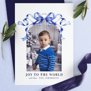 Carte de Noël Photo Bleu Bow Joie au Monde