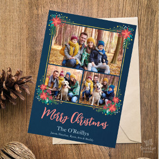 Carte de Noël photo Boho, cadre floral doré
