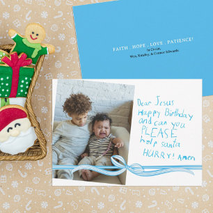 Carte de Noël photo "Cher Jésus" note crayon bleu