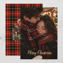 Carte de Noël photo de couple à carreaux rouges