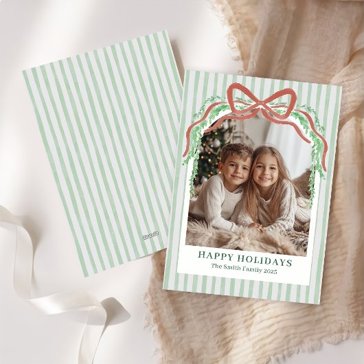 Carte de Noël photo de Noël à rayures vertes Bow