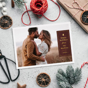 Carte de Noël photo en bois rustique avec feuille