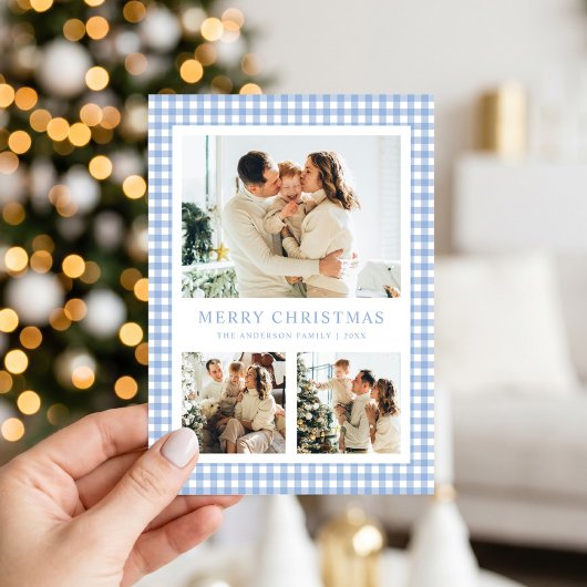 Carte de Noël photo en vichy bleu