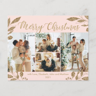 Carte de Noël photo Feuilles en or Blush Budget