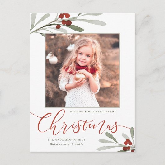 Carte de Noël Photo Fleurs de Cerisier Rouges Aqua (Devant)