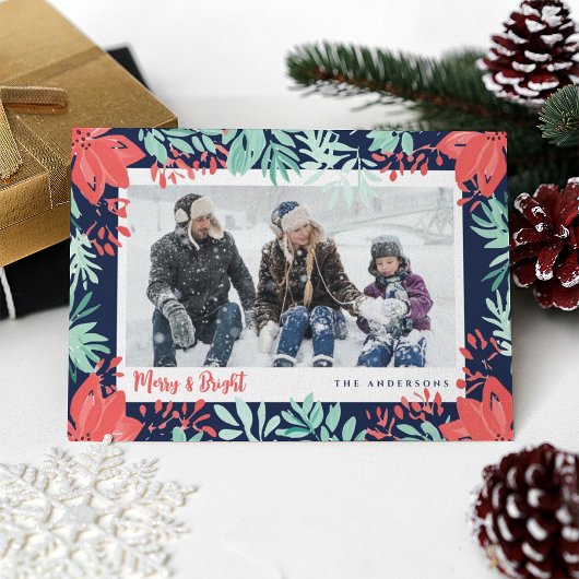 Carte de Noël Photo Florale Rouge Botanique Verdur