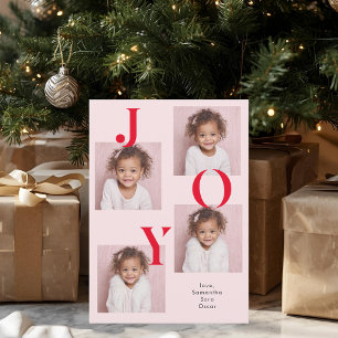 Carte de Noël photo JOY moderne   Rouge et rose