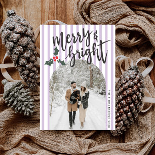 Carte de Noël photo Merry & Bright à rayures lavan
