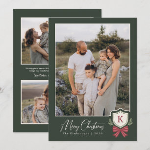 Carte de Noël photo monogramme à 4 avec ruban rayé