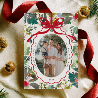 Carte de Noël photo Ornement Arc Rouge Aquarelle