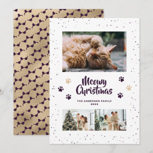 Carte de Noël photo Pattes de neige Or Violet Meow