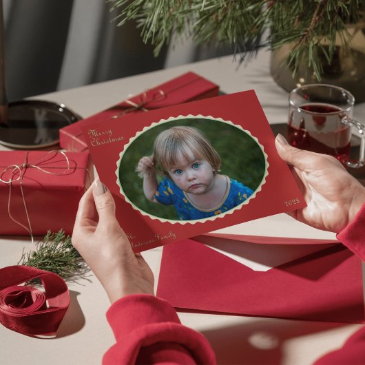 Carte de Noël photo rouge et vert menthe festonnée