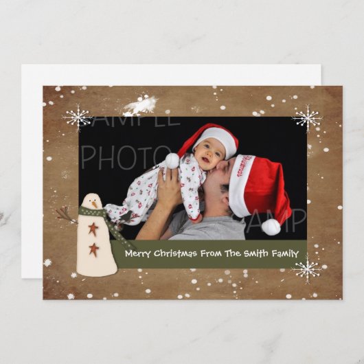 Carte de Noël photo Snowman primitive (Devant / Derrière)
