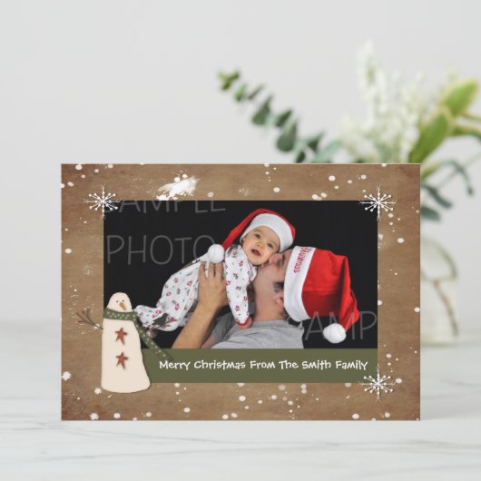 Carte de Noël photo Snowman primitive (Debout devant)