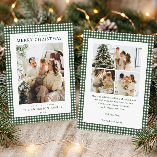 Carte de Noël photo vert forêt Gingham