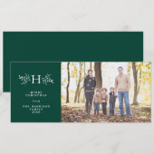 Carte de Noël photo verte avec monogramme rustique (Devant / Derrière)
