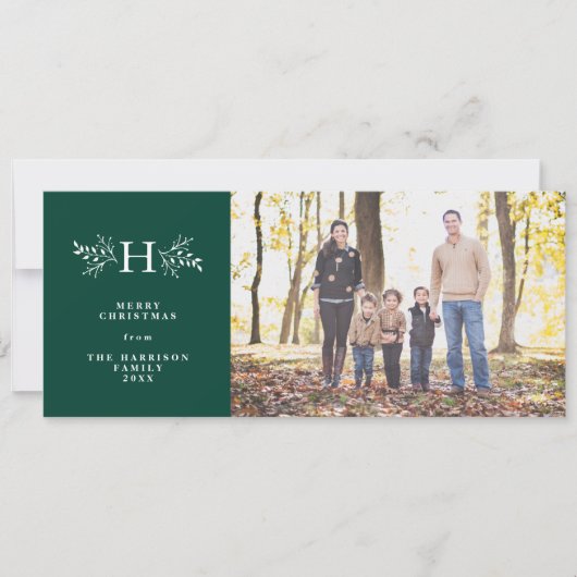 Carte de Noël photo verte avec monogramme rustique (Devant)