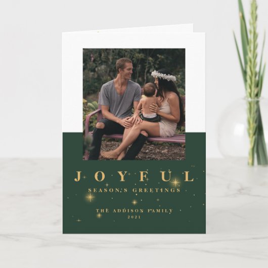 Carte de Noël photo verte et dorée Joyeuse (Devant)