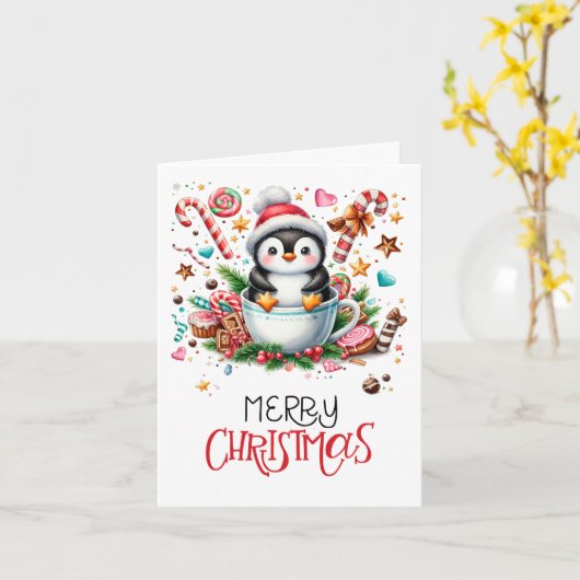 Carte de Noël Pingouin mignonne (Fleur jaune)