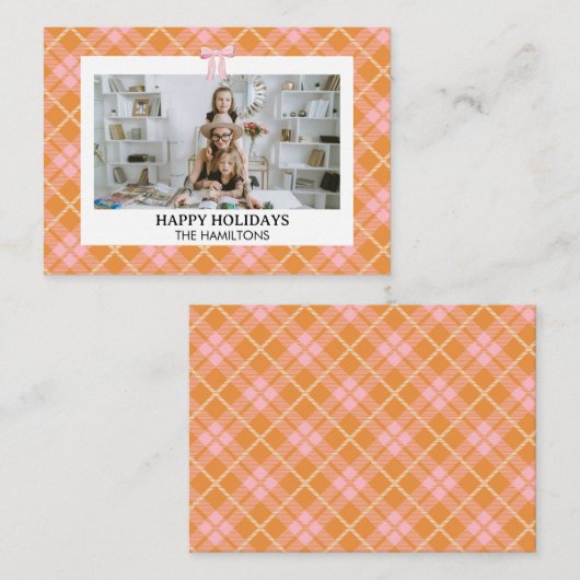Carte de Noël Pink Orange Plaid Bow (Devant / Derrière)