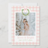 Carte de Noël Pink Plaid Wreath Preppy Wreath Bow (Devant)