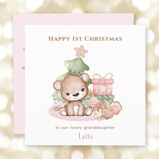 Carte de Noël Pink Teddy Bear Girl First