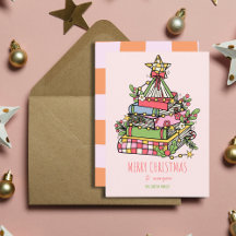 Carte de Noël Pink Whimsical Book Tree