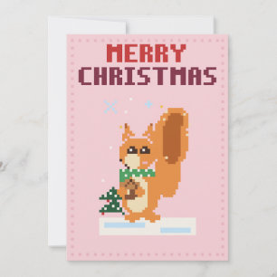 Carte de Noël Pixel Art Écureuil Rose