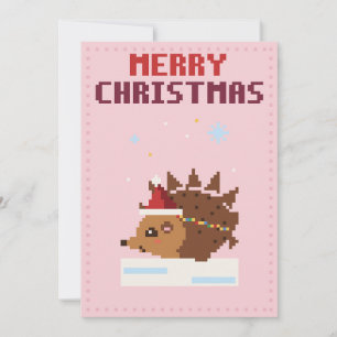 Carte de Noël Pixel Art Hérisson Rose