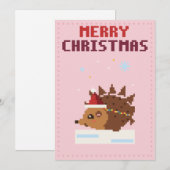 Carte de Noël Pixel Art Hérisson Rose (Devant / Derrière)