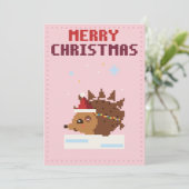 Carte de Noël Pixel Art Hérisson Rose (Debout devant)