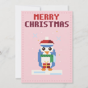 Carte de Noël Pixel Art Pingouin Rose