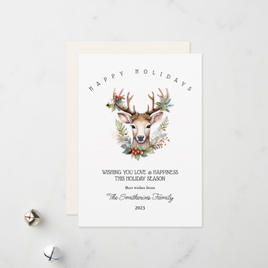 Carte de Noël plate aquarelle Renne (Devant/Arrière en situation)