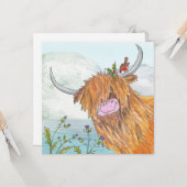 Carte de Noël plate Highland coo et robin (Devant/Arrière en situation)