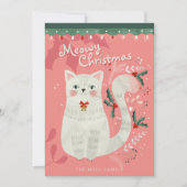 Carte de Noël plate illustrée avec un chat blanc (Devant)
