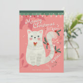 Carte de Noël plate illustrée avec un chat blanc (Debout devant)
